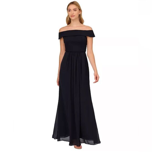 Adrianna Papell Navy Blue Off Shoulder Chiffon Gown Formal Evening Dress 2 NWT - Picture 1 of 16